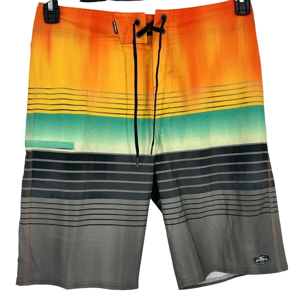 ONeill Hyperfreak Mens Board Shorts Size 31 Orange Striped Performance Swim - CJ